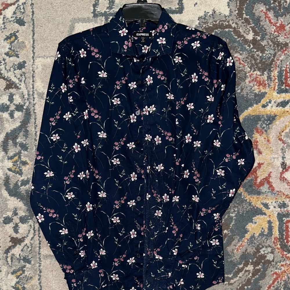 Express Men's Navy Floral Button-Down Shirt